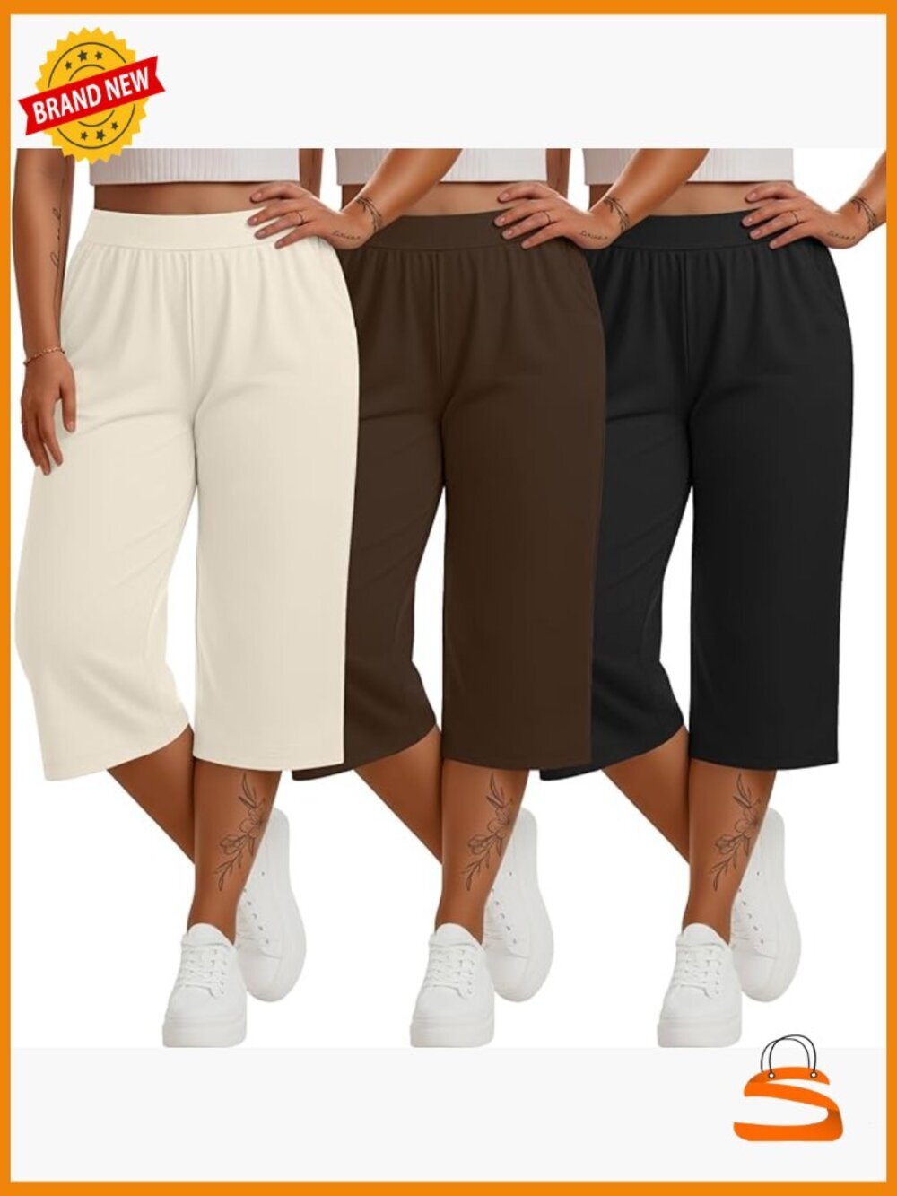 Plus Size Wide Leg Capri Sweatpants with Pockets 3 Pack